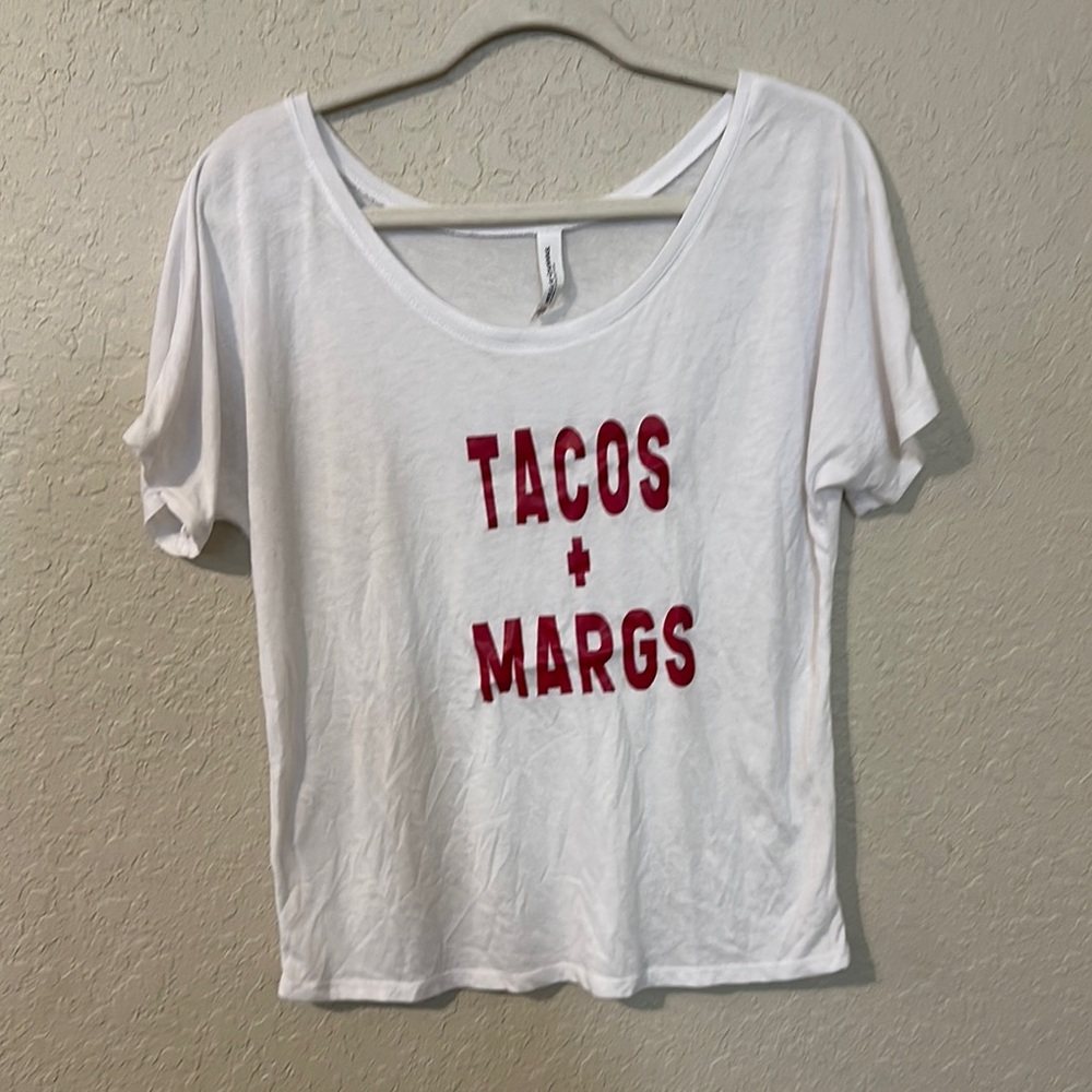 White Graphic Tee with Red Print "taco + margs" a